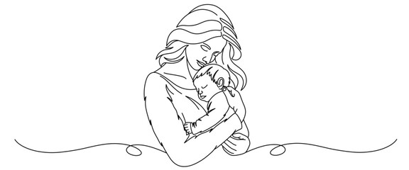 Obraz premium vector illustration of mother holding baby, line art style. mother's day design element, children's day