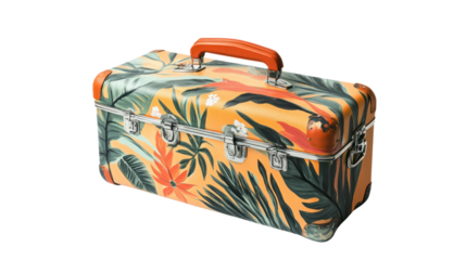Stylish vintage suitcase with a tropical leaf design, featuring shades of orange and green. Perfect for travel enthusiasts and adventure seekers.
