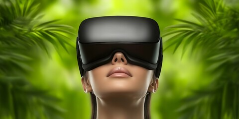 Fototapeta premium A person wearing a virtual reality headset in a lush, green environment. Concept Virtual Reality Experience, Immersive Nature, Green Landscapes, High-tech Adventure, Digital Exploration