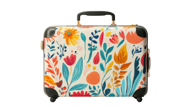 A vibrant, floral-patterned suitcase designed for travel. Colorful design features various flowers and leaves on a white background. Perfect for trips.