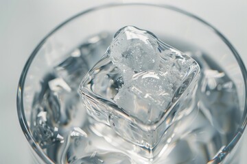 Close-up of ice cubes floating in a glass of clear liquid. Macro shot with soft lighting and detailed textures.