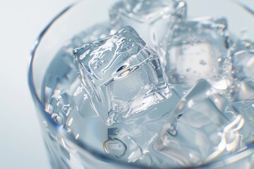 Close-up of ice cubes floating in a glass of clear liquid. Macro shot with soft lighting and detailed textures.