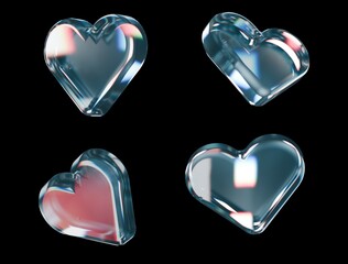 Clear Hearts set in different angles 3d render dispersed glass