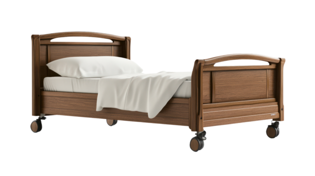 A practical hospital bed designed for patient comfort, featuring a wooden frame and soft bedding, isolated on a white background.