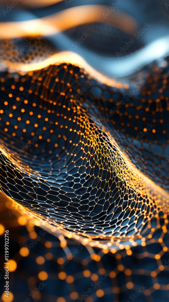 Poster futuristic glowing mesh network forming a digital wave surface, perfect for technology and innovatio
