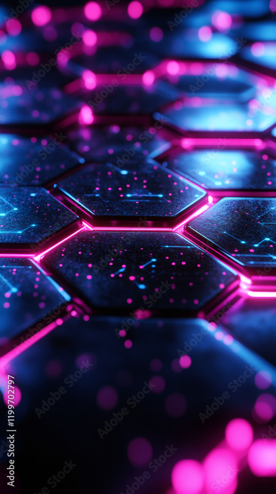 Poster glowing hexagons forming a futuristic technological surface with blue and purple lights and bokeh ef