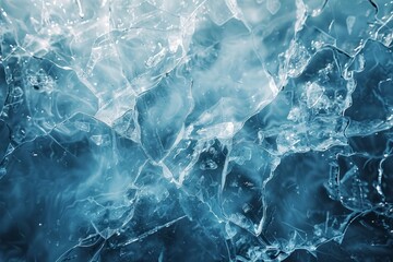 Close-up of cracked transparent ice surface with intricate fractures and patterns. Abstract winter photography for design and background.