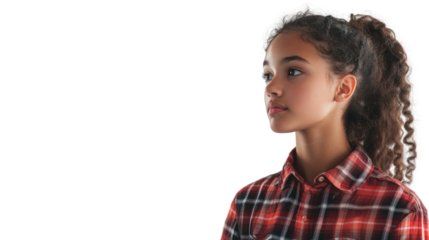 A thoughtful young girl with curly hair, wearing a checkered shirt, gazes into the distance, reflecting a moment of introspection.