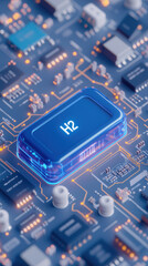 Blue hydrogen battery on circuit board with glowing electric connections