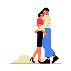 Couple Embracing Outdoors In Flat Vector Illustration Symbolizing Love, Romance, And Togetherness, Isolated On White Background.