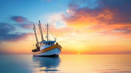 Fototapeta premium a fishing boat silhouetted against a dramatic sunset, returning to shore with the day's catch