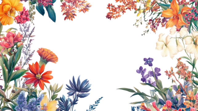 A vibrant floral border featuring various colorful flowers on a black background, perfect for decorations or invitations.