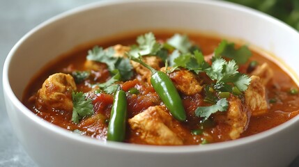 Bowl of desi chicken karahi a rich tomato and ginger gravy garnished with green chilies and cilantro