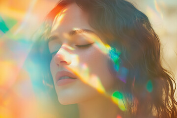 Fototapeta premium Swirling rainbow glitter particles create a dreamlike effect around a serene figure with closed eyes in soft natural light