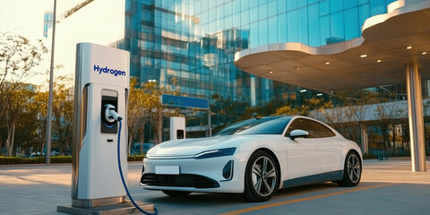 sleek hydrogen powered car charging at modern station in urban setting