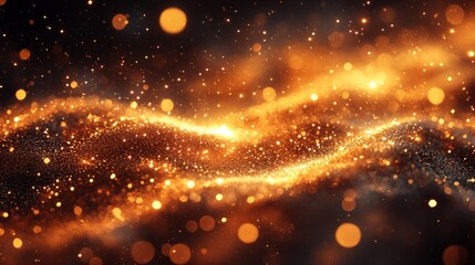 Obraz premium Abstract golden wave with glittering particles and bokeh lights on dark background.