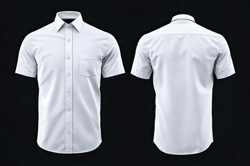 short sleeve white casual or business button up shirt mockup template, front and back view. blank mock up design, black background