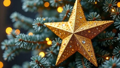 Photorealistic rendering of a bright gold star ornament with intricate reflections