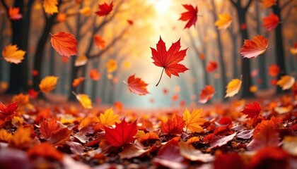Falling autumn leaves swirling in vibrant red and orange hues