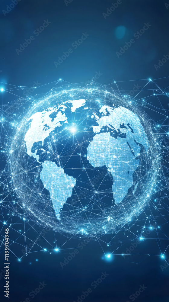 Poster earth is surrounded by network connections, representing global communication and information exchan