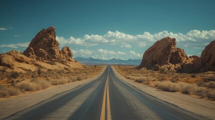 A Desert Road Between Two Large Rock Formations
