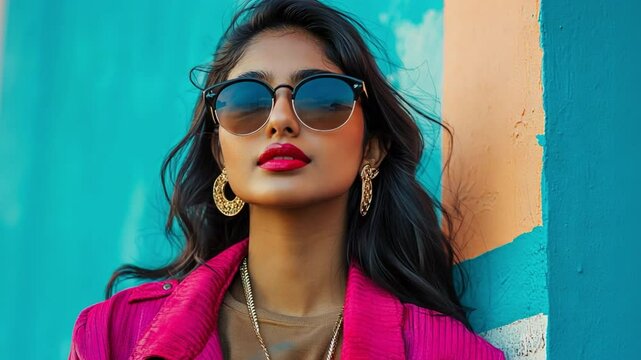 Stylish Confidence: A confident woman with bold red lipstick and stylish sunglasses leans against a vibrant blue wall, exuding an aura of chic sophistication and modern allure.
