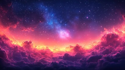 Fototapeta premium A vibrant depiction of a cosmic landscape featuring colorful clouds, a starry sky, and deep space elements, creating a dreamlike atmosphere.
