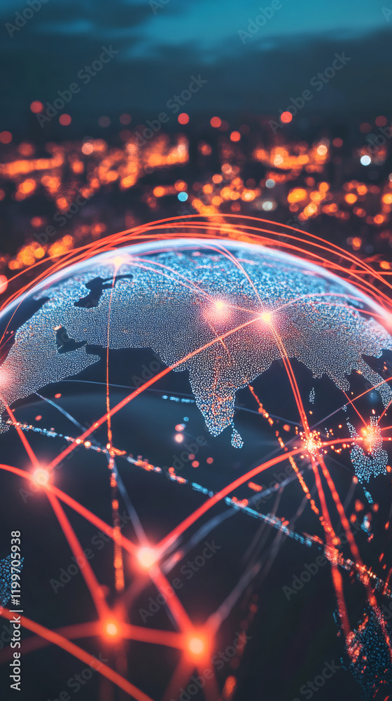 Poster red lines connecting different parts of the world, symbolizing global communication and internationa