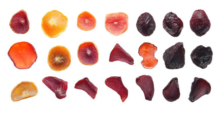 A colorful assortment of sliced vegetables arranged neatly on a white background, showcasing their vibrant colors and various shapes.
