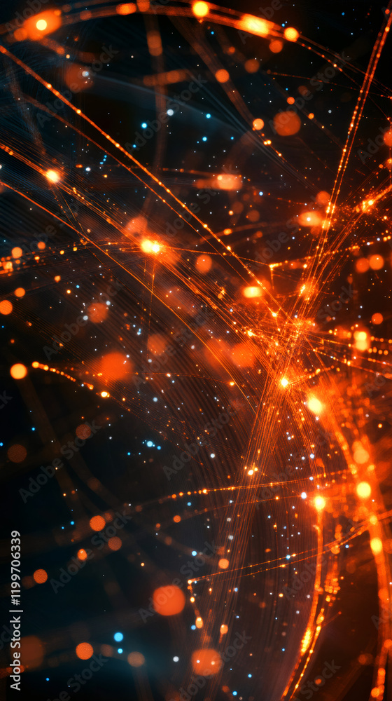 Aufkleber Orange lines and lights are intersecting and glowing, creating a futuristic network connection on a dark background with bokeh effect