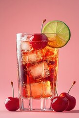 Refreshing Cherry Lime Sparkler with Ice Cubes in a Tall Glass on a Soft Pink Background, Perfect for Summer Drinks and Beverage Promotions