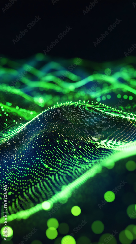 Fototapete abstract green particle waves flowing on black background representing futuristic technology and dat
