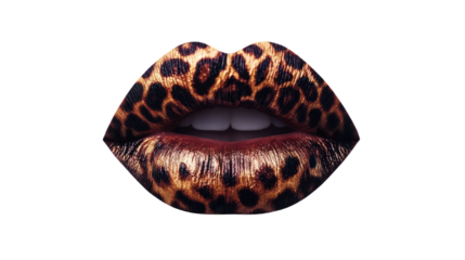 Lips adorned with a striking leopard print pattern, showcasing a bold and trendy makeup style against a white isolated background.