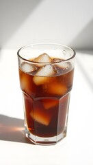 A glass of coke with ice cubes, symbolizing refreshment, indulgence, and a perfect drink for casual moments