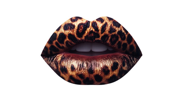 Lips adorned with a striking leopard print pattern, showcasing a bold and trendy makeup style against a white isolated background.