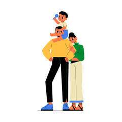 Family With Child On Fathers Shoulders In Flat Vector Illustration Symbolizing Parenthood, Family Bond, And Togetherness, Isolated On White Background.