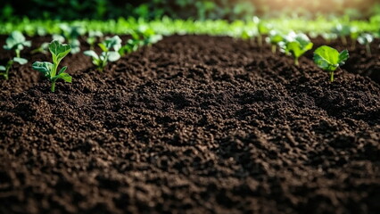 Close-up of the fertile dark soil rich in nutrient for plants, small green plant sprout in the blurry background, bokeh