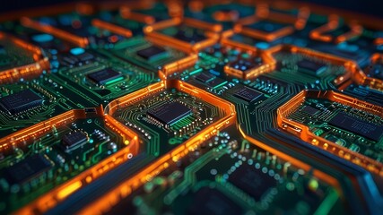 Printed circuit board futuristic serverCircuit board futuristic server code processing. Orange, green, blue technology background with bokeh. 3D Rendering