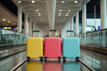 Three colorful suitcases shine brightly, capturing the thrill and promise of future travels. They stand alone, evoking the anticipation of new adventures.
