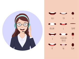 Call center operator avatar with headphone. beautiful woman character with lip sync collection for animation. female mouth animation phoneme graphic. Alphabet pronunciation. Vector illustration	