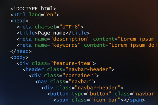 Colorful HTML code on dark background. Coding and programming language with source code. Script text in browser having white, blue, green and orange color. Vector illustration.