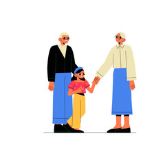 Elderly Couple With A Child In Flat Vector Illustration Symbolizing Family Bond, Generational Connection, And Togetherness, Isolated On White Background