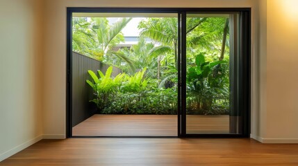 Fototapeta premium A modern interior view showcasing sliding glass doors leading to a lush outdoor garden.