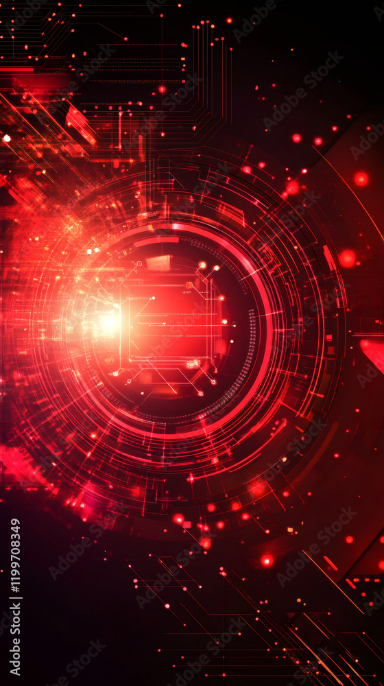 Aufkleber Glowing red circuit board pulsing with digital signals, displaying interconnected network flow and technological complexity