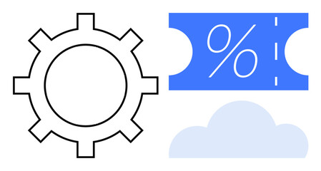 Gear icon next to a blue discount coupon and a light blue cloud shape. Ideal for efficiency, savings, cloud computing, automation, technology, business productivity, systems integration. Abstract