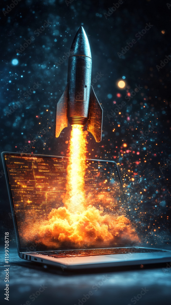 Fototapete rocket launching from coding laptop, representing technological innovation and startup entrepreneurs