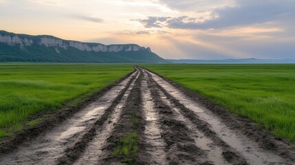 Naklejka premium Muddy trails and scenic adventures. A muddy road leads through a green landscape under a cloudy sky.