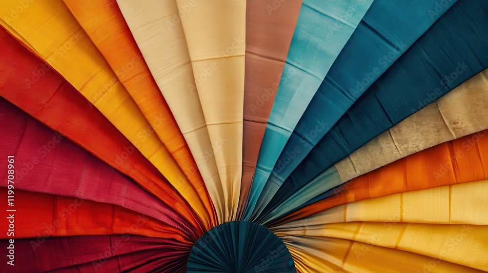 Poster a colorful array of fabrics is displayed in a circular pattern