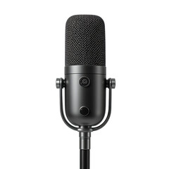 A black microphone designed for recording audio, featuring a sturdy stand and mesh grille.