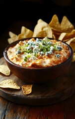 A creamy, cheesy buffalo chicken dip in a rustic bowl, topped with crumbled blue cheese and green onions, surrounded by tortilla chips for dipping